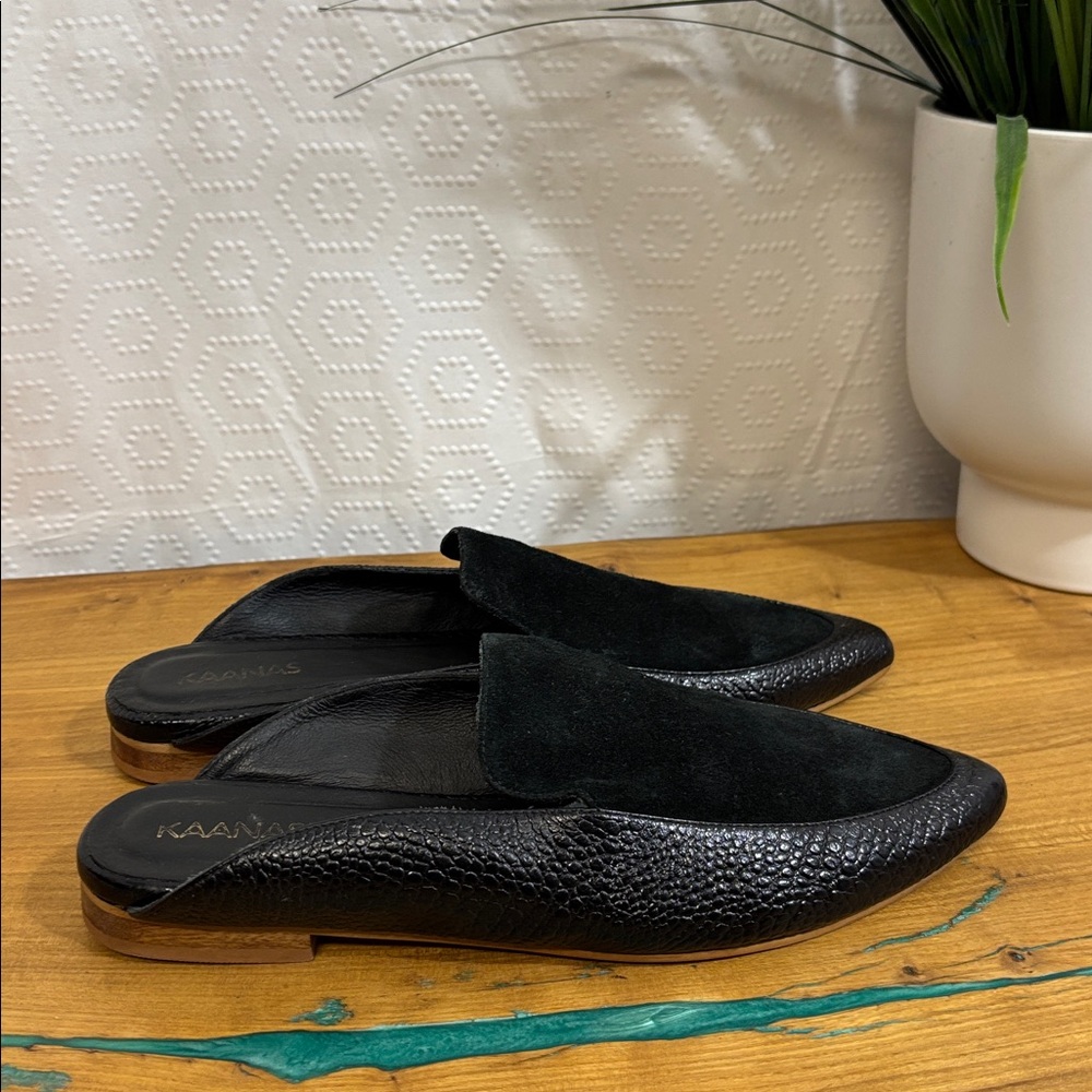 Kaanas Black Leather and Suede Pointed Backless Mules